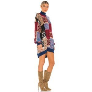 Free People Patchwork Knit Sweater Dress in Burgundy, Blue, Black, Tan